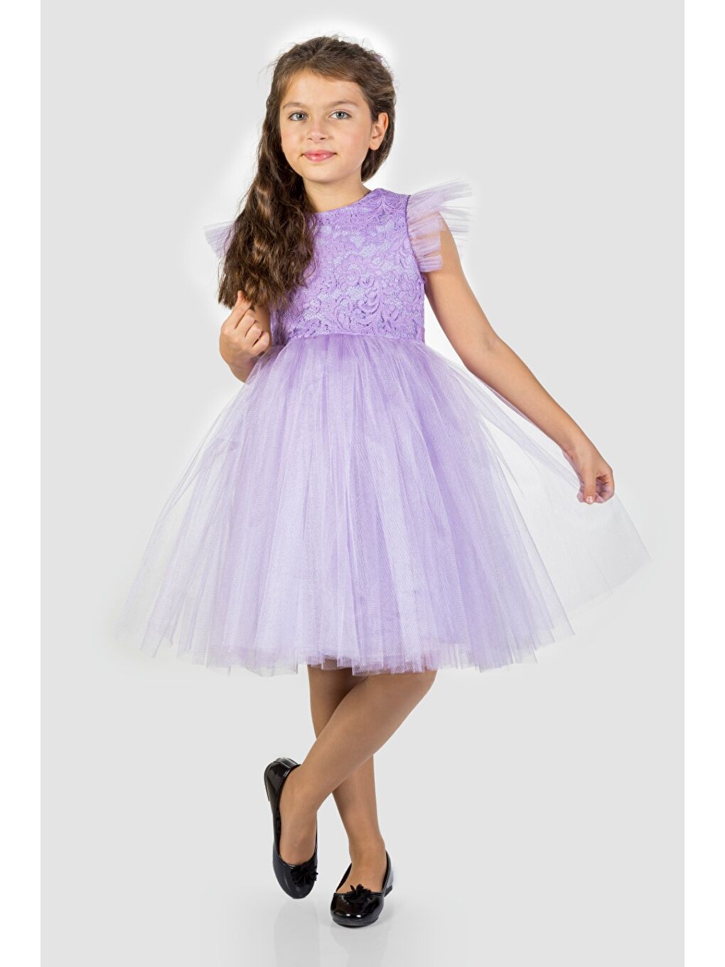 Lila Roza Dantel Tütü Kız Çocuk Abiye Elbise MNK0546-3