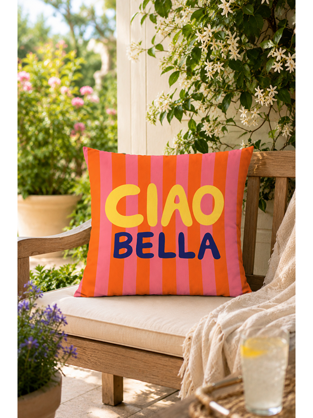 Fuşya Ciao Bella Çizgili Yazı Baskılı Dekoratif Kırlent Kılıfı Retro Yazlık Dekor 43x43 Cm-2
