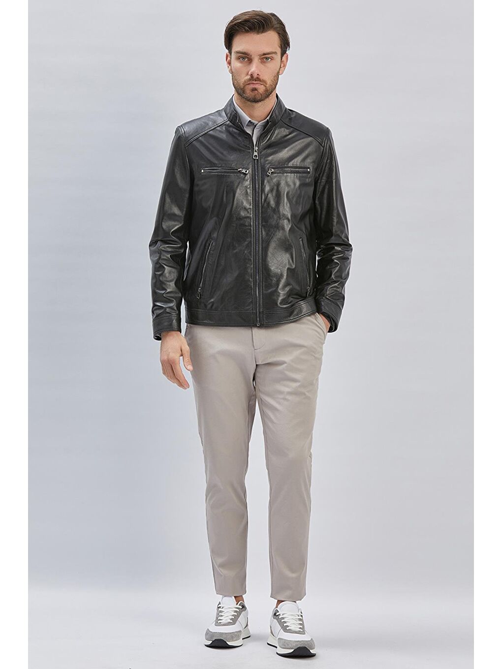 Siyah Hakiki Deri Dik Yaka Astarlı Slim Fit Dar Kesim Casual Deri Mont 1038235155-4