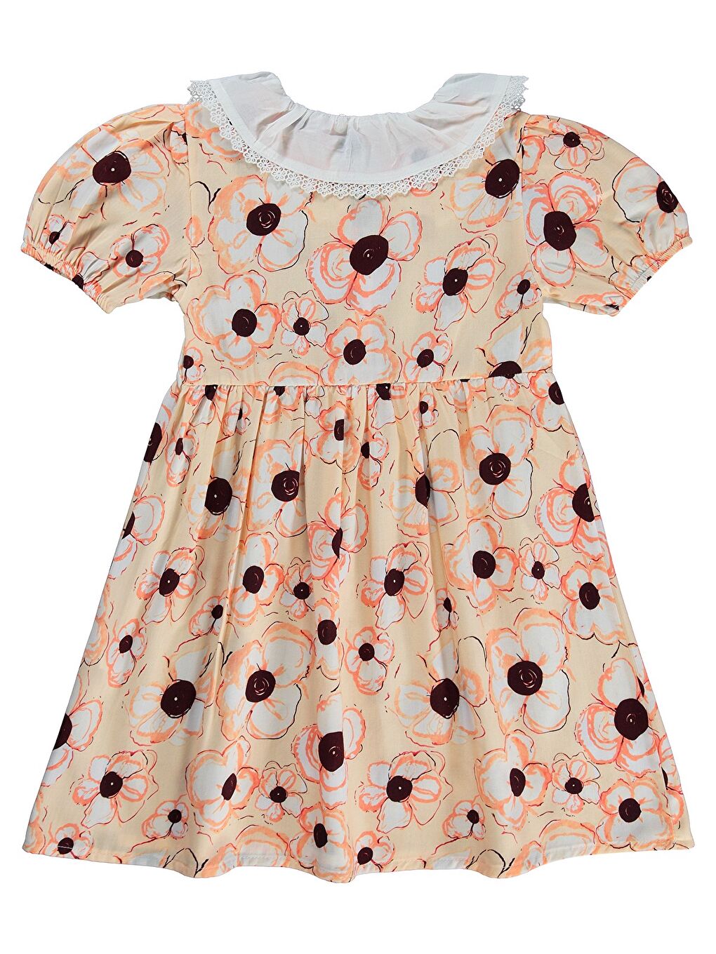 Beyaz Yakalı Çiçekli Elbise 6-9 Yaş - Turuncu-1
