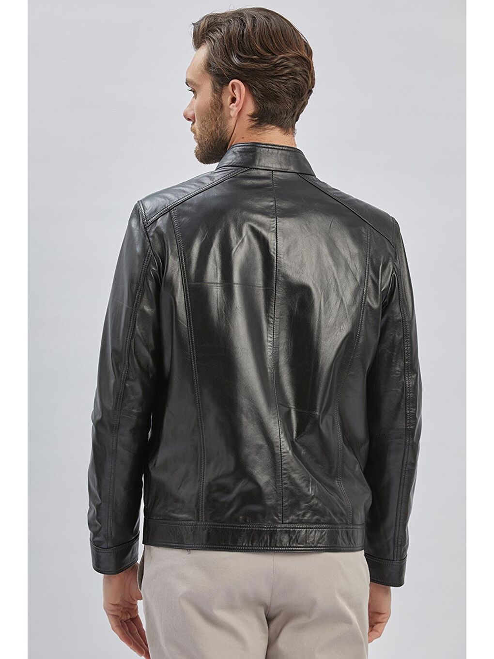 Siyah Hakiki Deri Dik Yaka Astarlı Slim Fit Dar Kesim Casual Deri Mont 1038235155-5