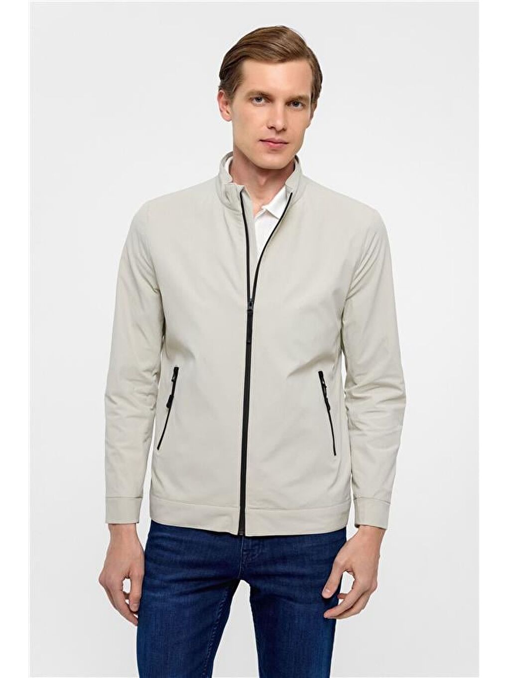 Bej Slim Düz Dik Yaka Mont-1