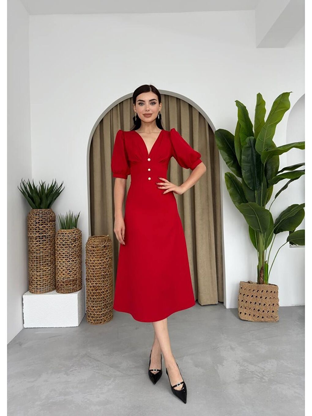 Kırmızı Linda Midi Elbise-2