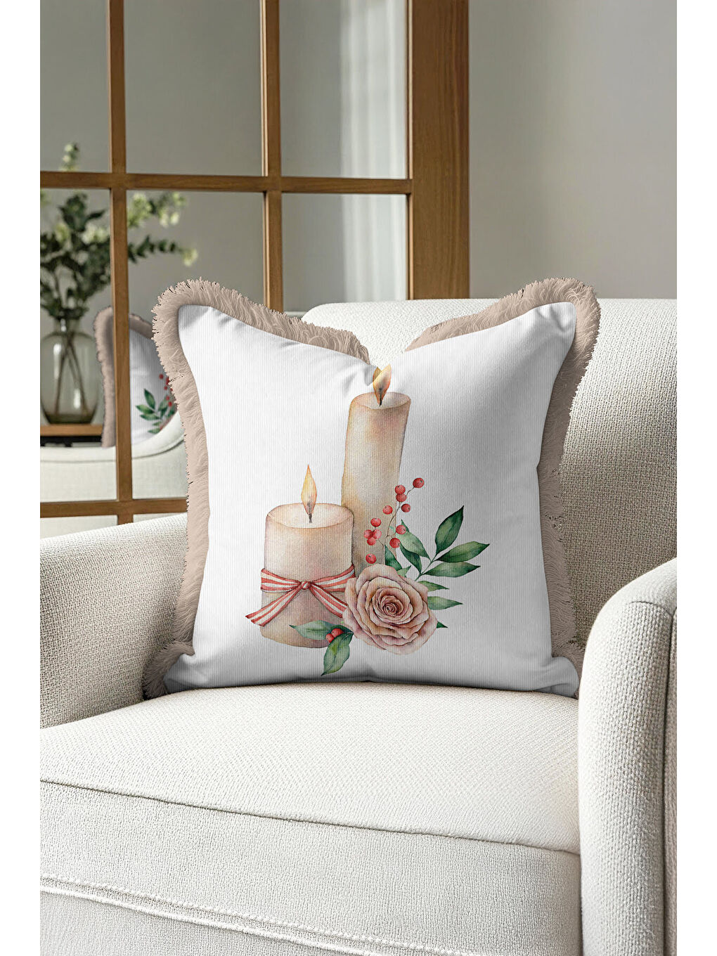 Karışık Romantik Mumlu Çiçekli Saçaklı Yastık Kılıfı - Pastel Rustik Krem Pembe Püsküllü Kırlent Kılıfı-4