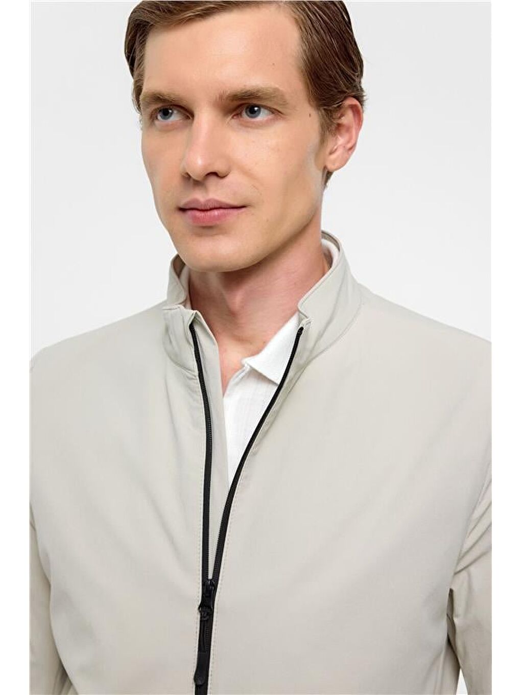 Bej Slim Düz Dik Yaka Mont-2