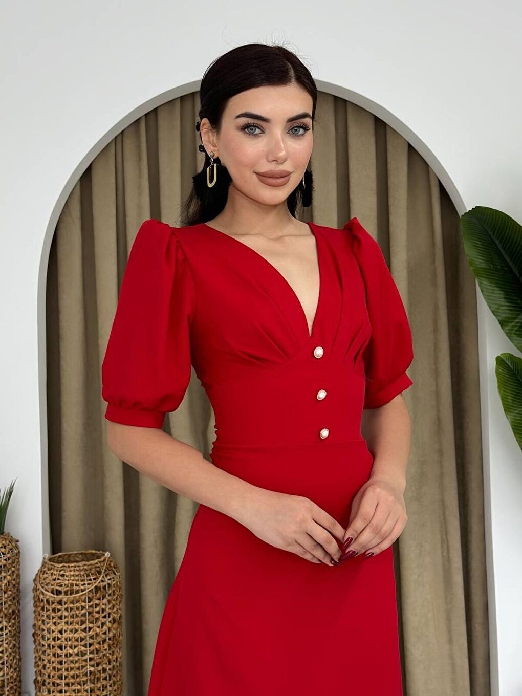 Kırmızı Linda Midi Elbise-3