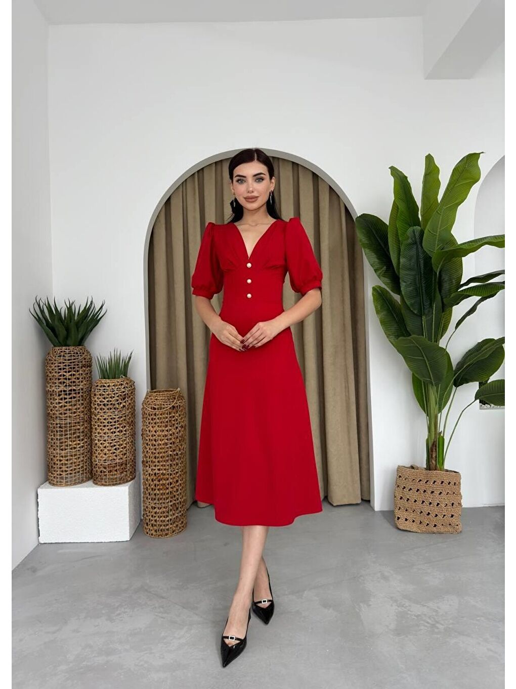 Kırmızı Linda Midi Elbise-4