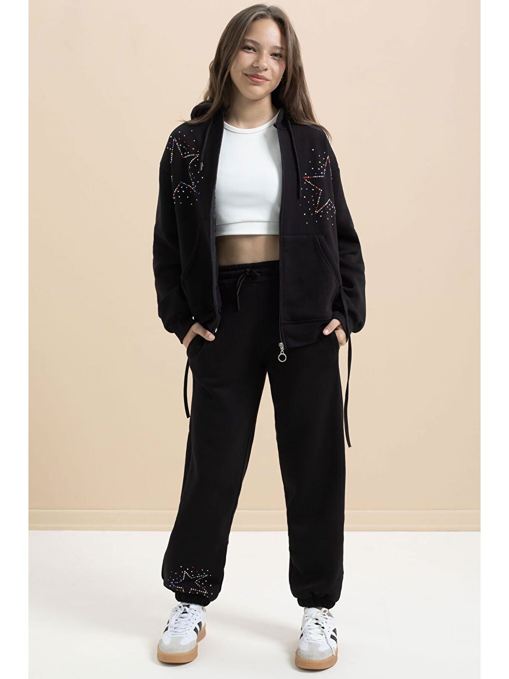 Siyah Kız Çocuk Şardonlu Boncuk İşlemeli 2li Takım 21414-3