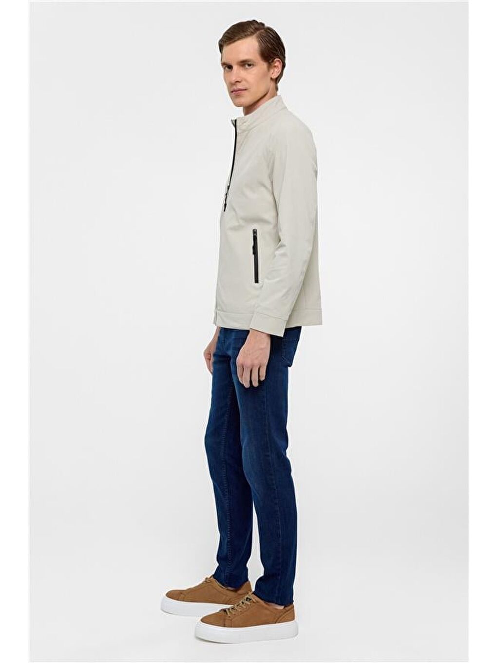 Bej Slim Düz Dik Yaka Mont-4