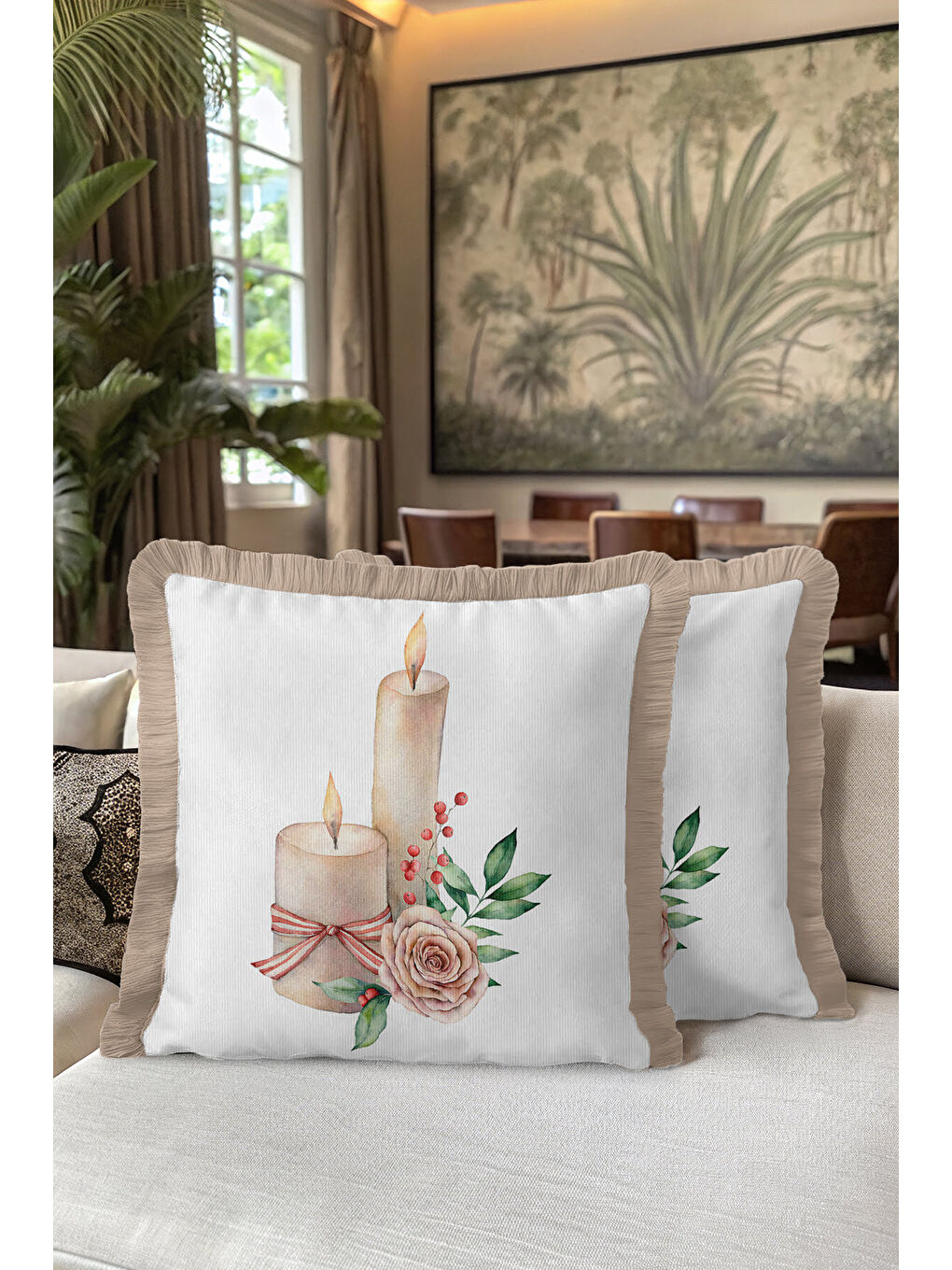 Karışık Romantik Mumlu Çiçekli Saçaklı Yastık Kılıfı - Pastel Rustik Krem Pembe Püsküllü Kırlent Kılıfı-5