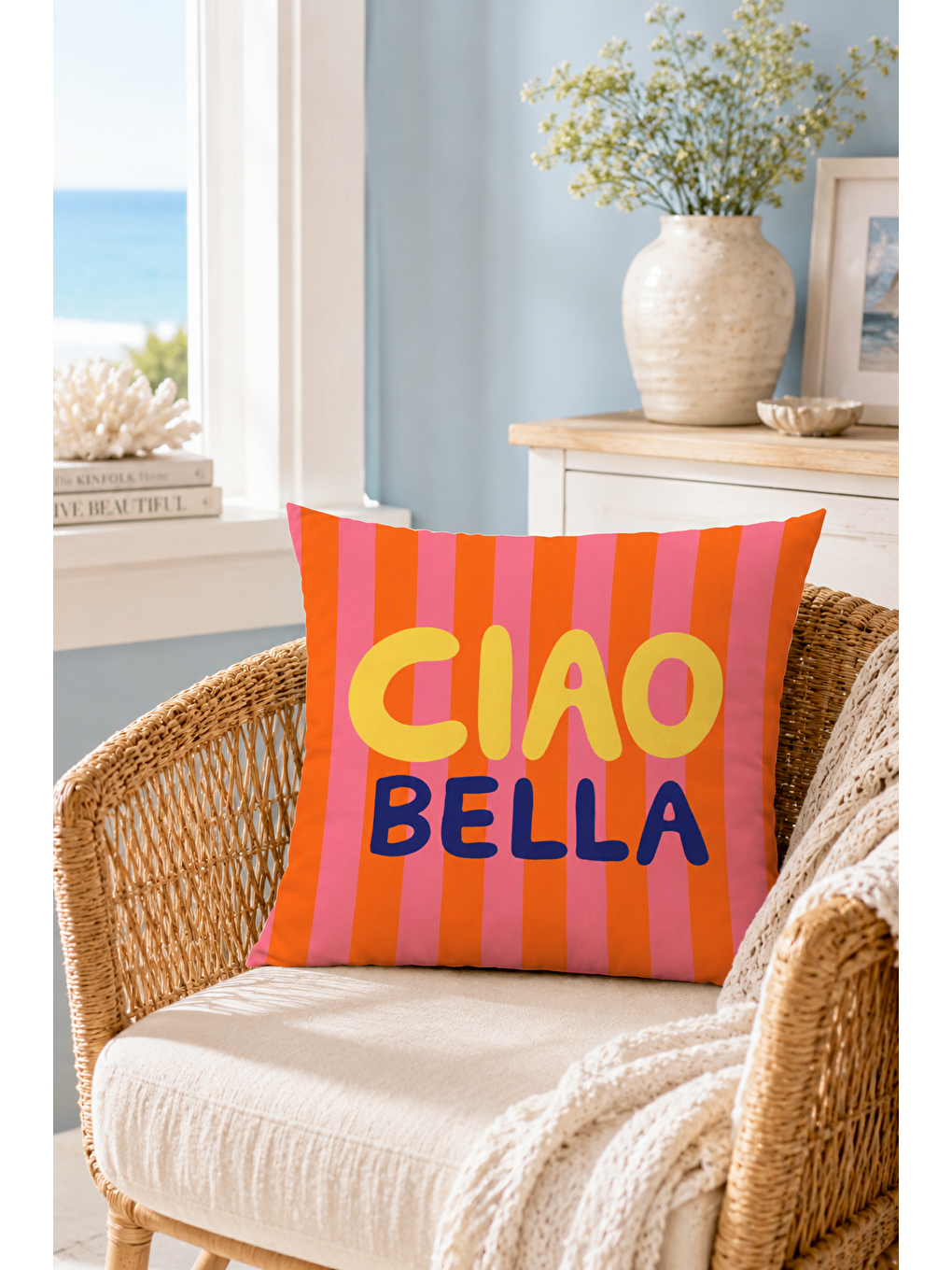 Fuşya Ciao Bella Çizgili Yazı Baskılı Dekoratif Kırlent Kılıfı Retro Yazlık Dekor 43x43 Cm-3