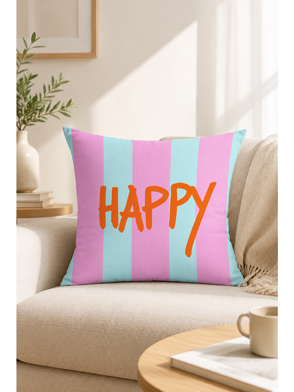Beyaz Happy Pastel Çizgili Yazı Baskılı Dekoratif Kırlent Kılıfı Modern Dekor 43x43 Cm-2