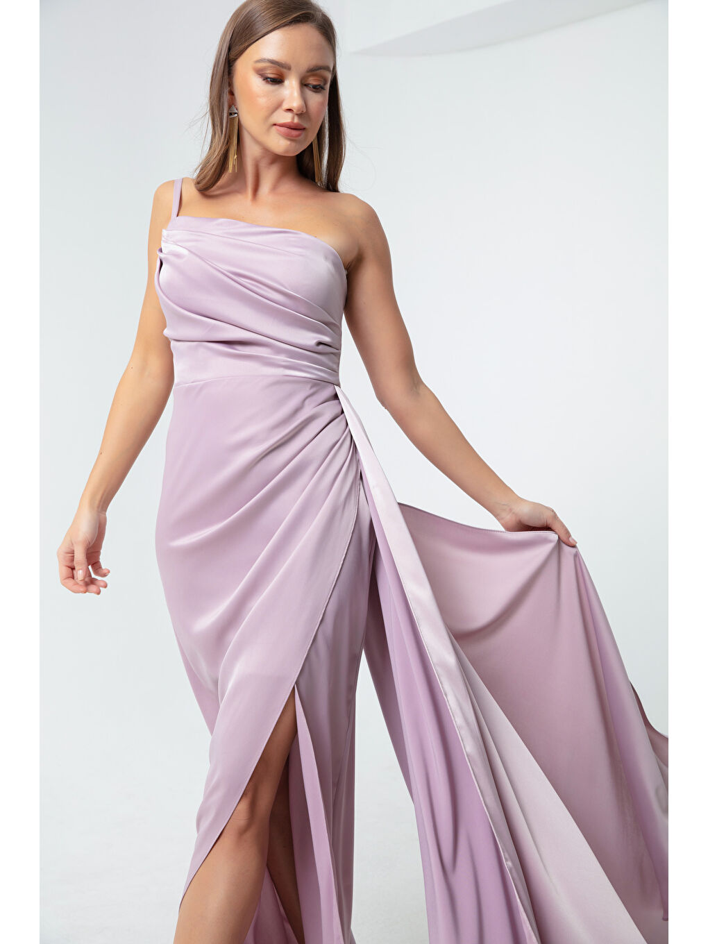 Kadın Lila Tek Omuzlu Saten Abiye & Mezuniyet Elbisesi-1