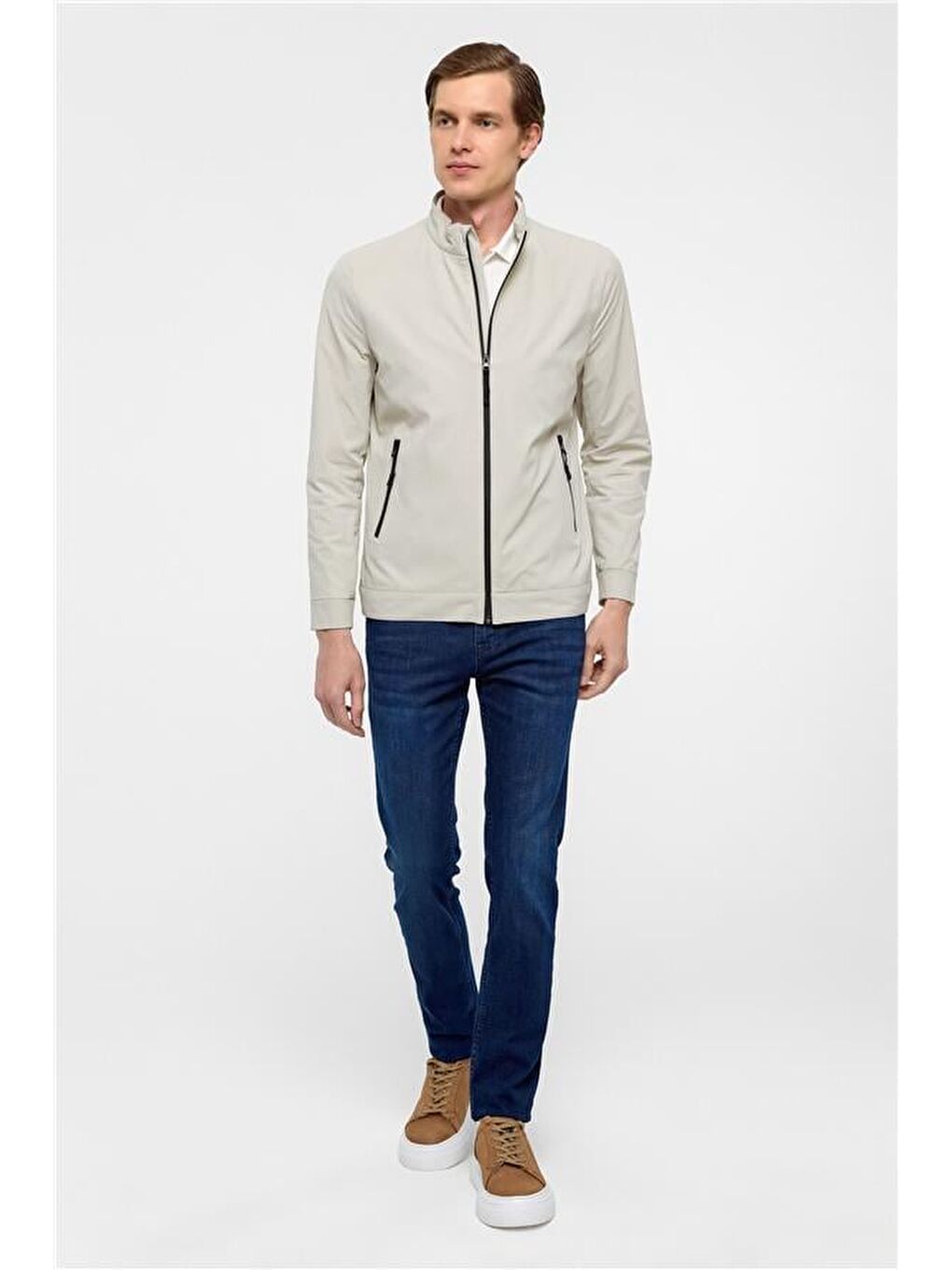 Bej Slim Düz Dik Yaka Mont-5