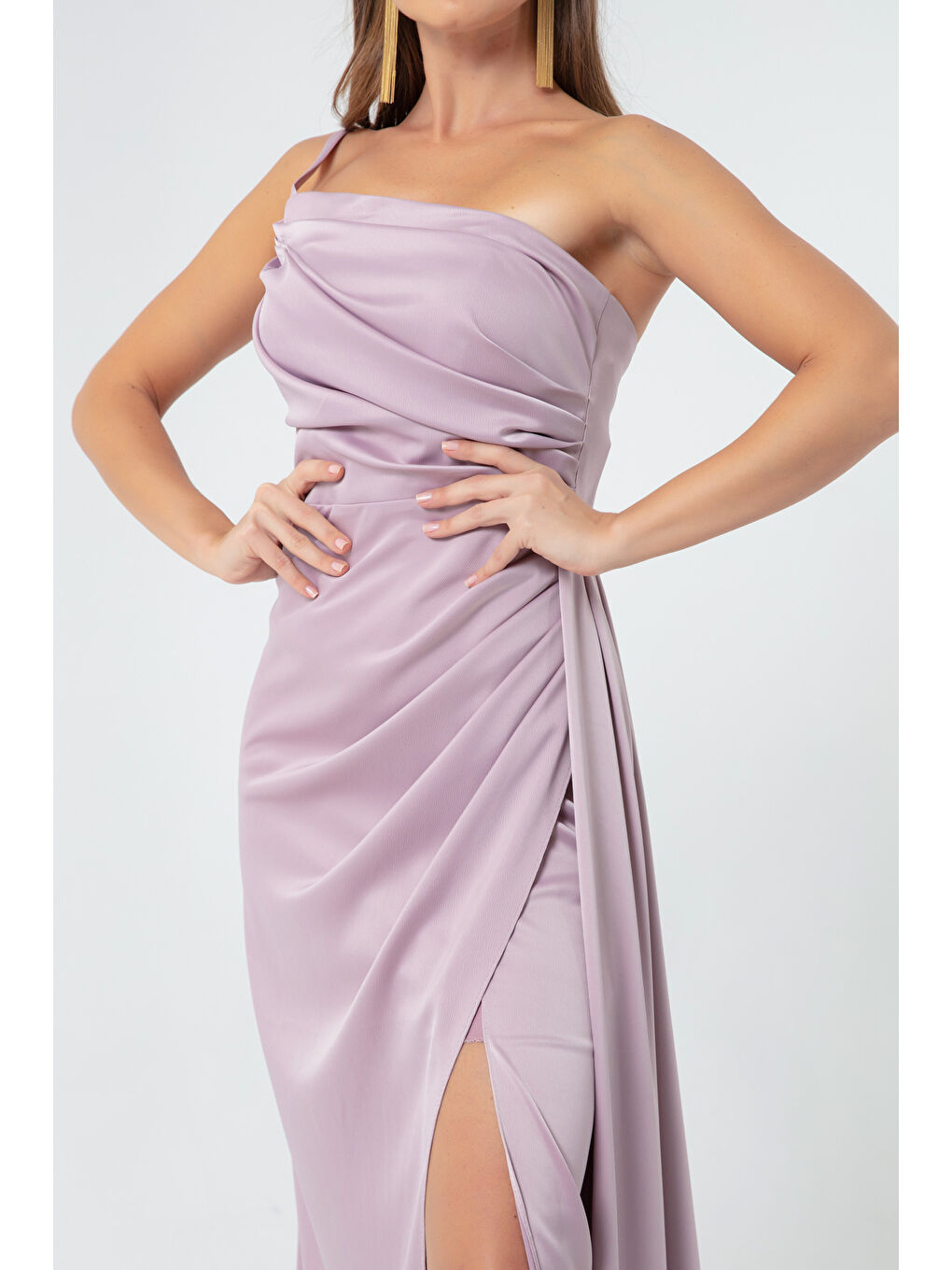 Kadın Lila Tek Omuzlu Saten Abiye & Mezuniyet Elbisesi-2
