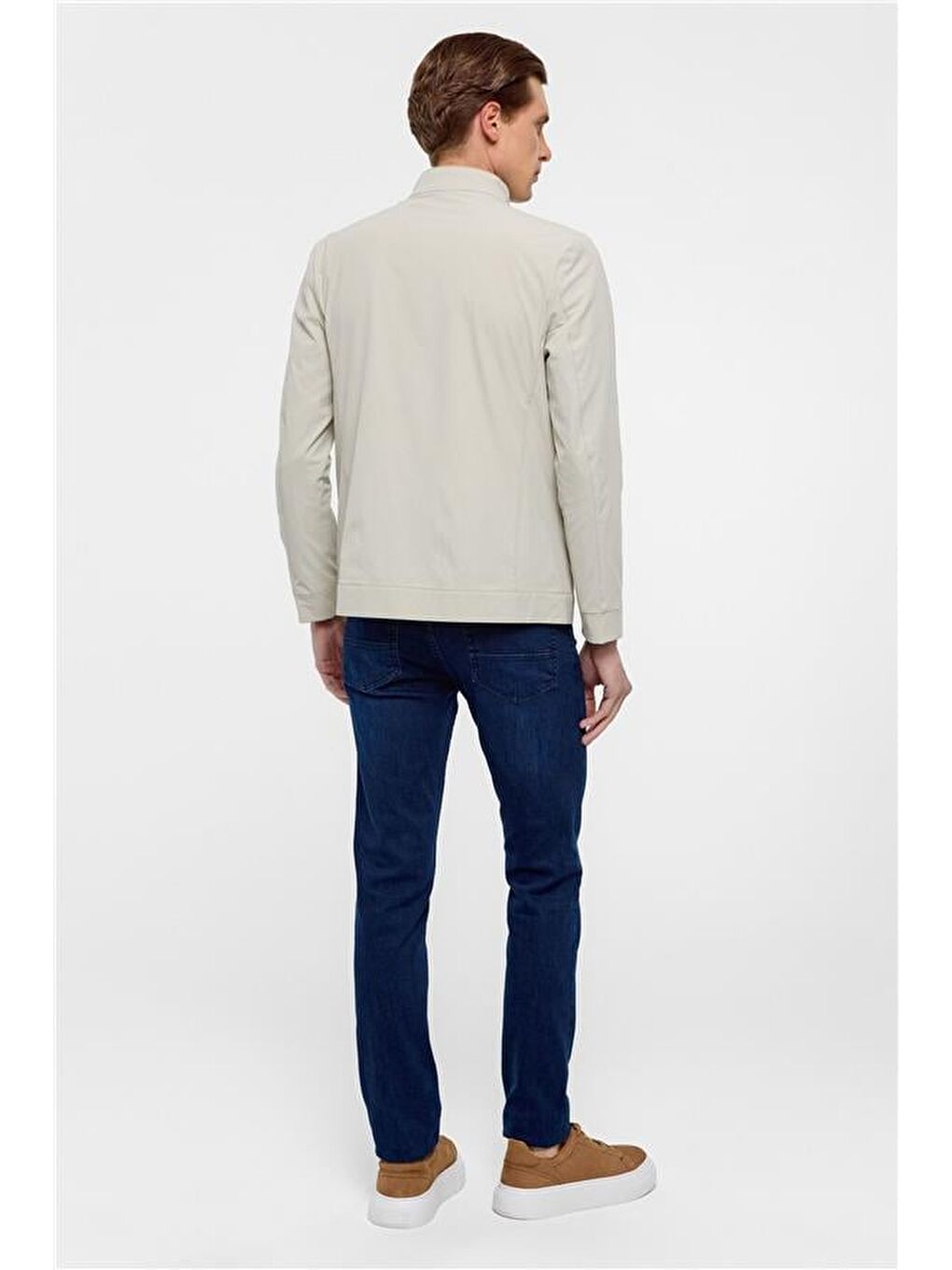 Bej Slim Düz Dik Yaka Mont-6