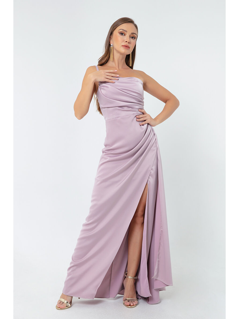Kadın Lila Tek Omuzlu Saten Abiye & Mezuniyet Elbisesi-3