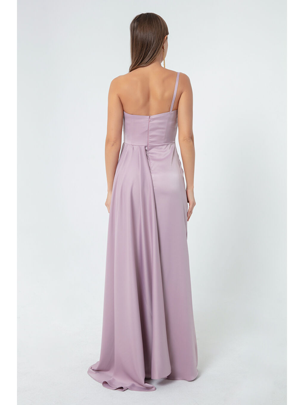 Kadın Lila Tek Omuzlu Saten Abiye & Mezuniyet Elbisesi-4