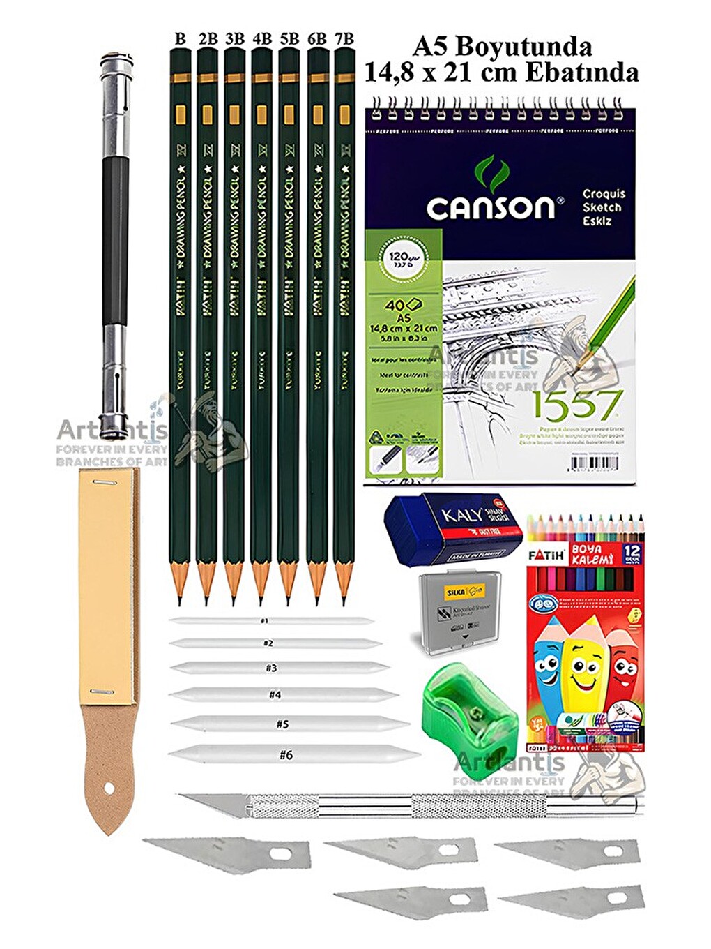Canson Eskiz Defteri A5 40 Yaprak Fatih Dereceli Kalem Kretuar 12 Renk Kuru Boya Sketch Karakalem 6