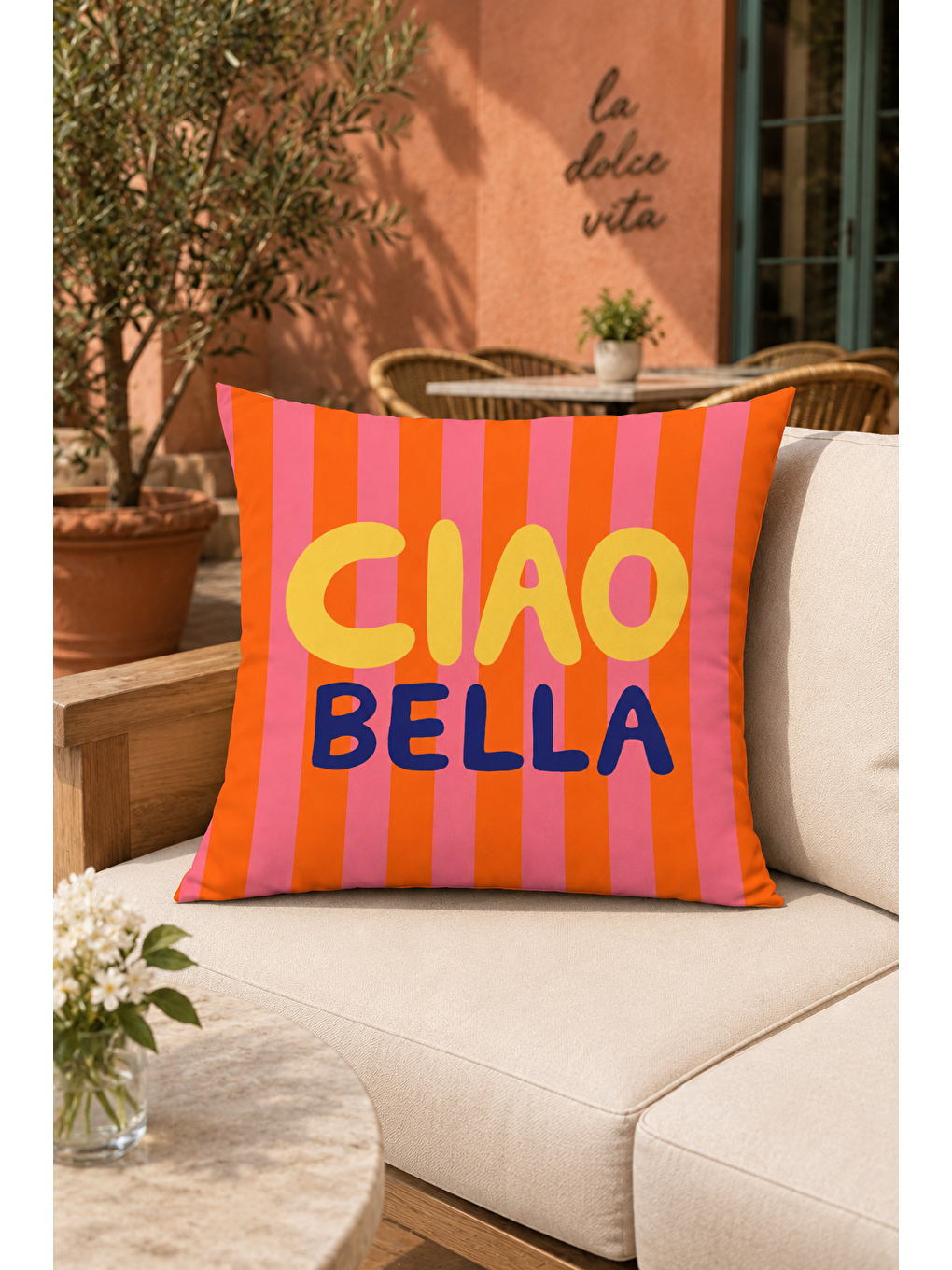Fuşya Ciao Bella Çizgili Yazı Baskılı Dekoratif Kırlent Kılıfı Retro Yazlık Dekor 43x43 Cm-4