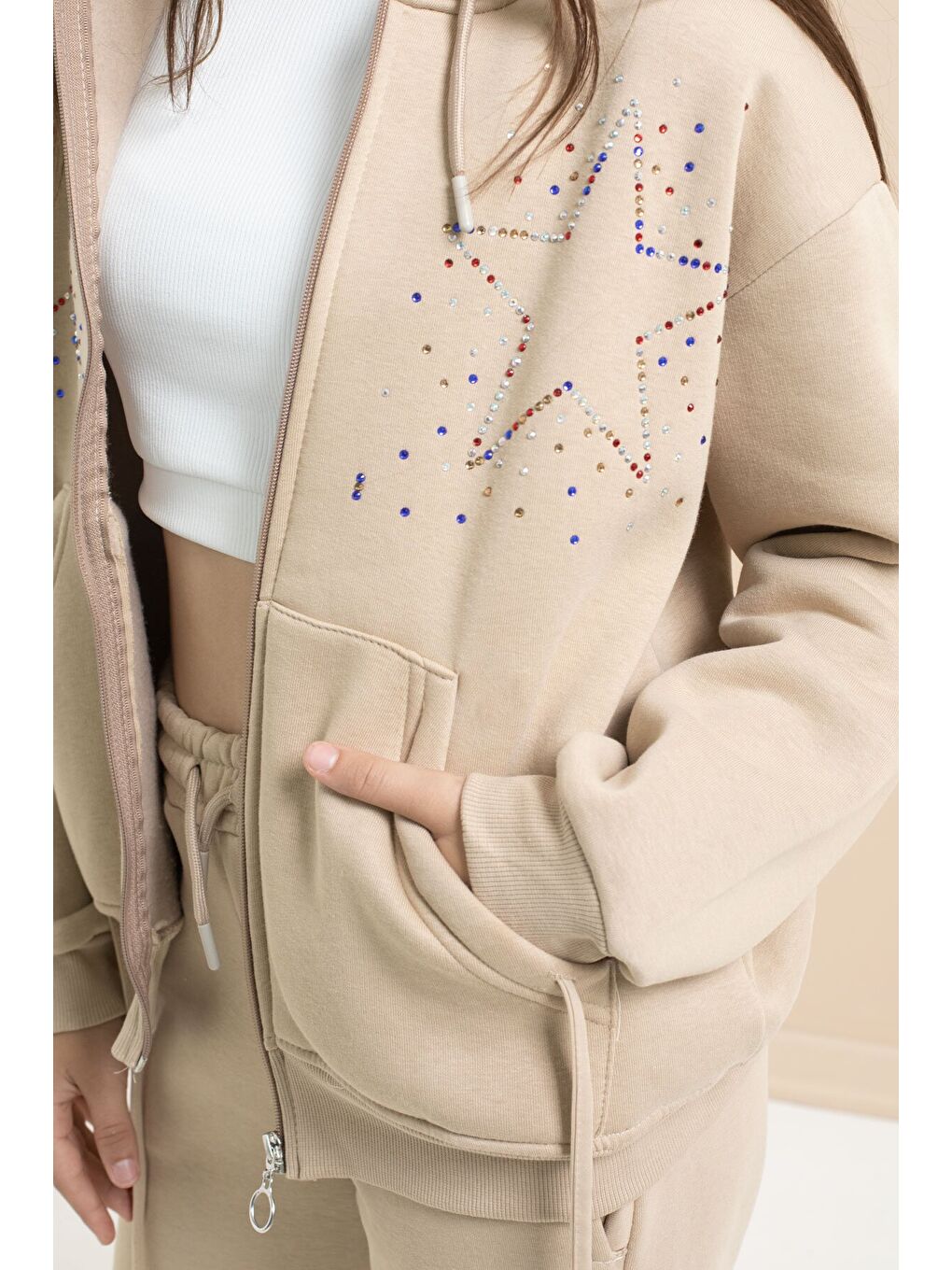 Bej Kız Çocuk Şardonlu Boncuk İşlemeli 2li Takım 21417-1