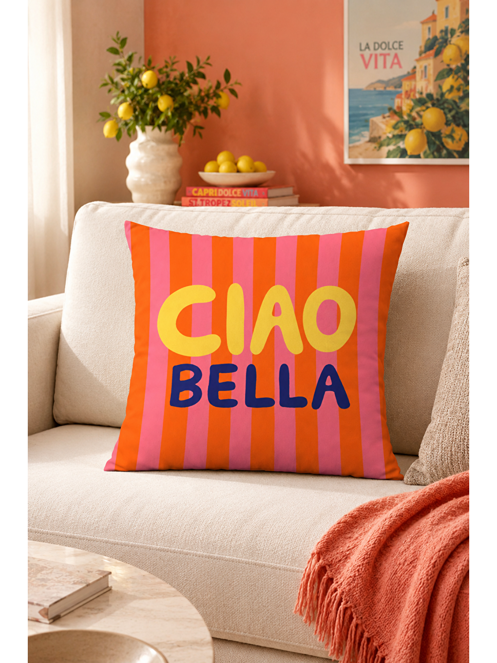 Fuşya Ciao Bella Çizgili Yazı Baskılı Dekoratif Kırlent Kılıfı Retro Yazlık Dekor 43x43 Cm-5