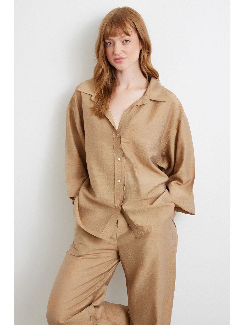 Karışık Fakir Kol Oversize Gömlek Kahve-3
