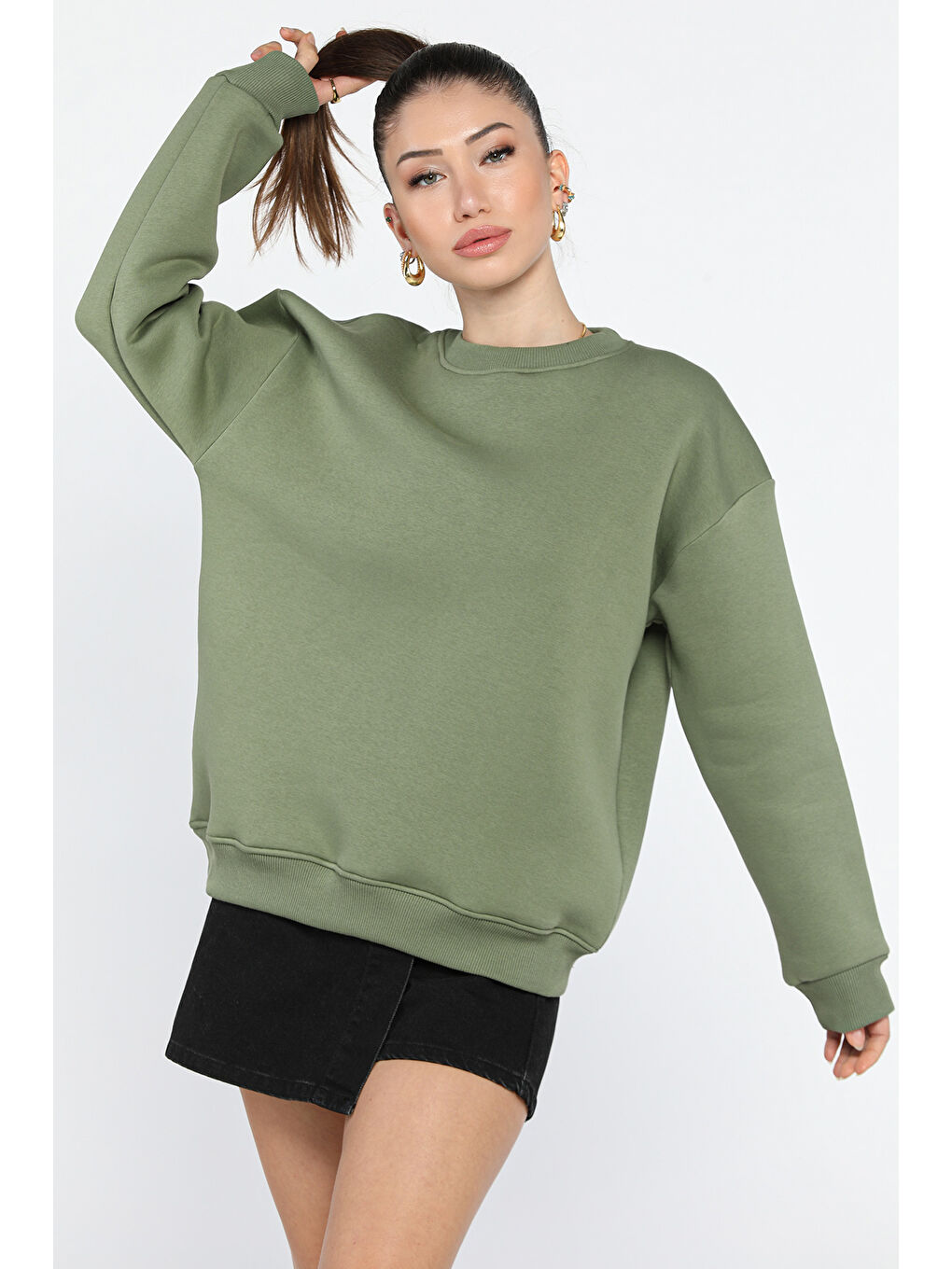 GÜLSELİ Haki Kadın Üç İplik Şardonlu Bisiklet Yaka Sweatshirt - 1