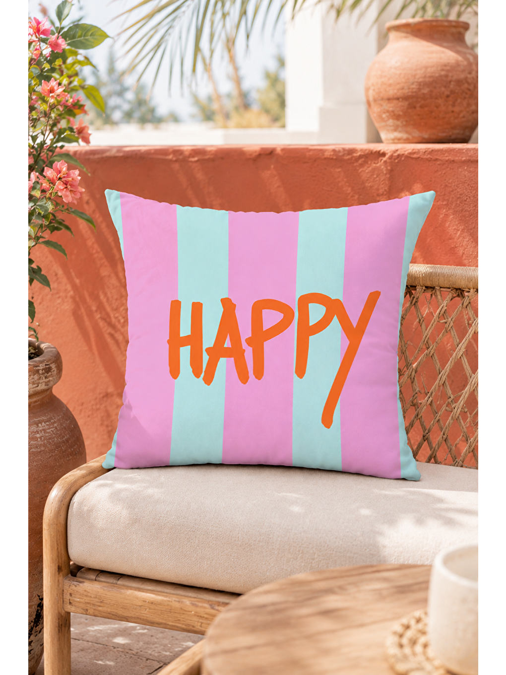 Beyaz Happy Pastel Çizgili Yazı Baskılı Dekoratif Kırlent Kılıfı Modern Dekor 43x43 Cm-4