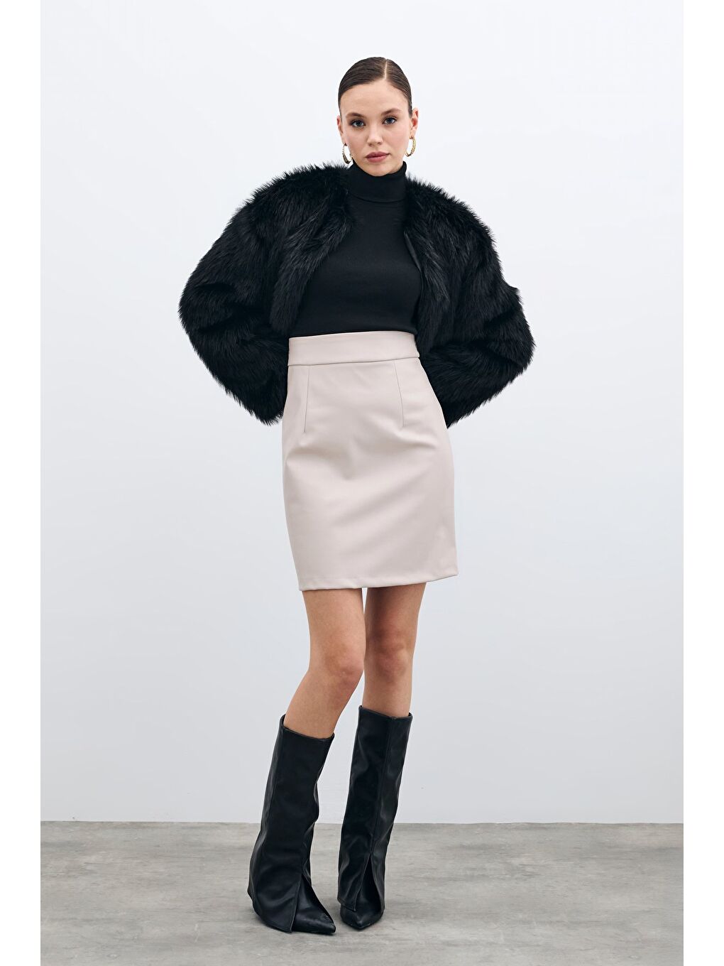 Bej Şardonlu Deri Etek - Taş-1