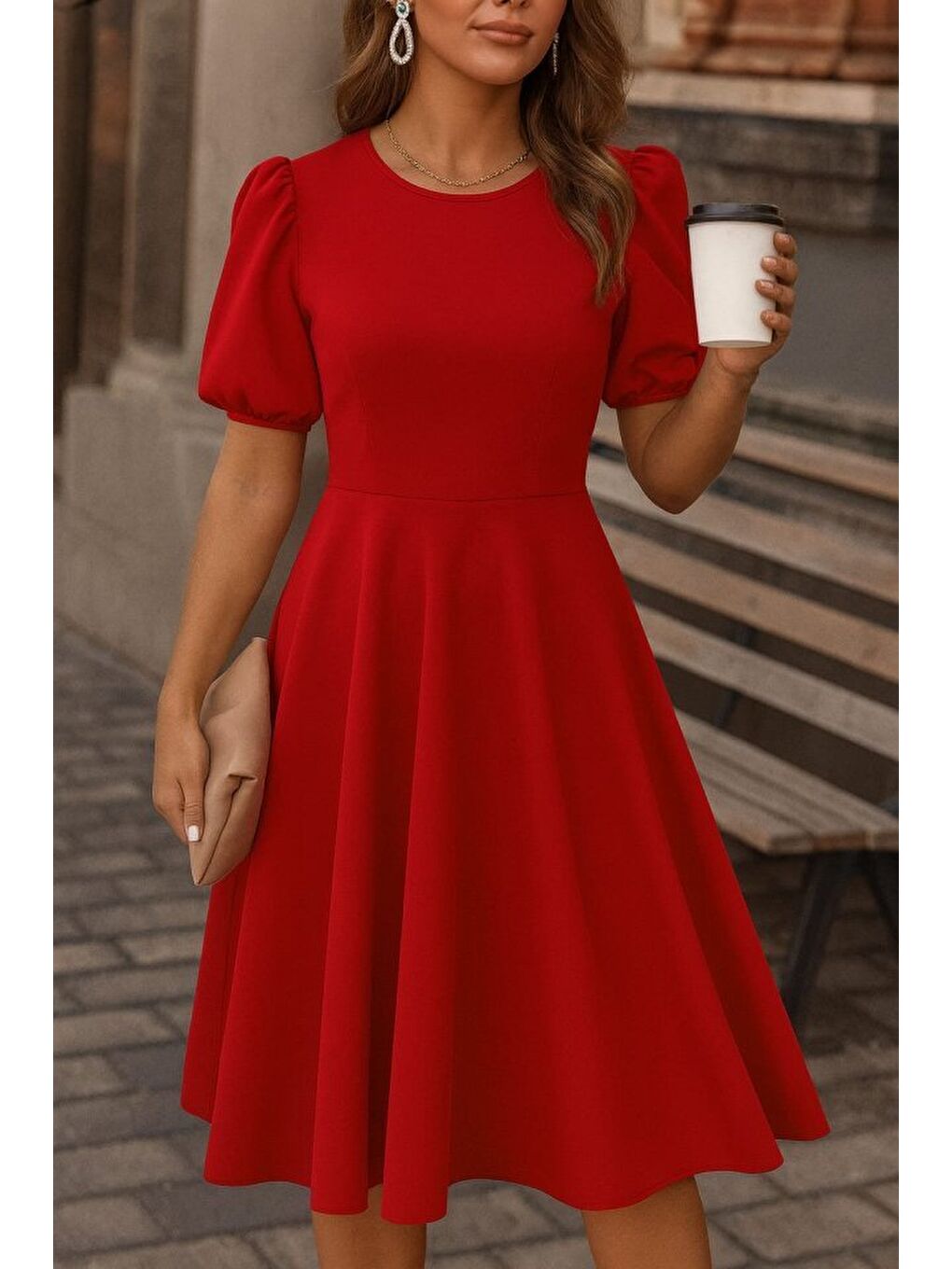 Kırmızı Kadın Kısa Balon Kollu Bisiklet Yaka Geniş Kesim Janjan Krep Elbise