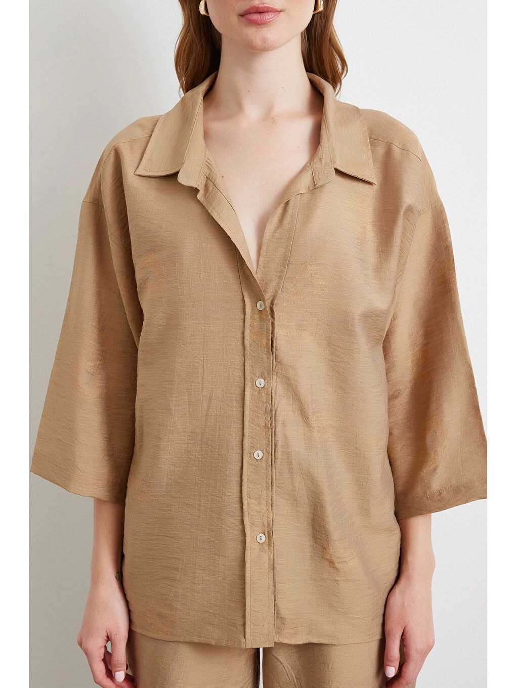 Karışık Fakir Kol Oversize Gömlek Kahve-4