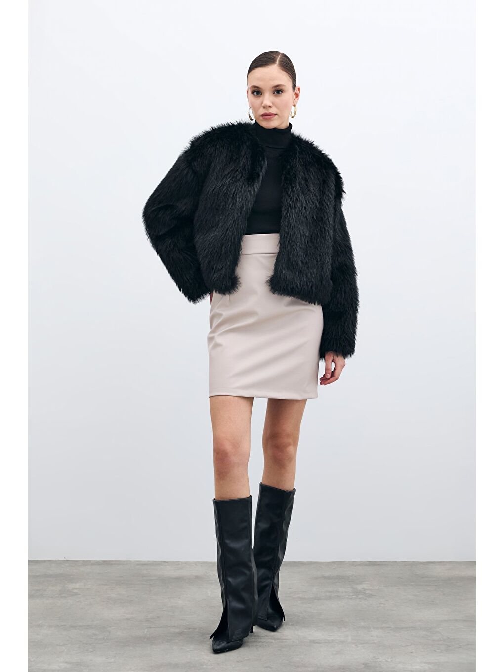 Bej Şardonlu Deri Etek - Taş-2