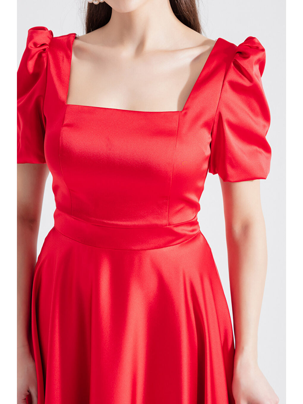 Kadın Kırmızı Kare Yaka Balon Kollu Midi Abiye Elbise-3