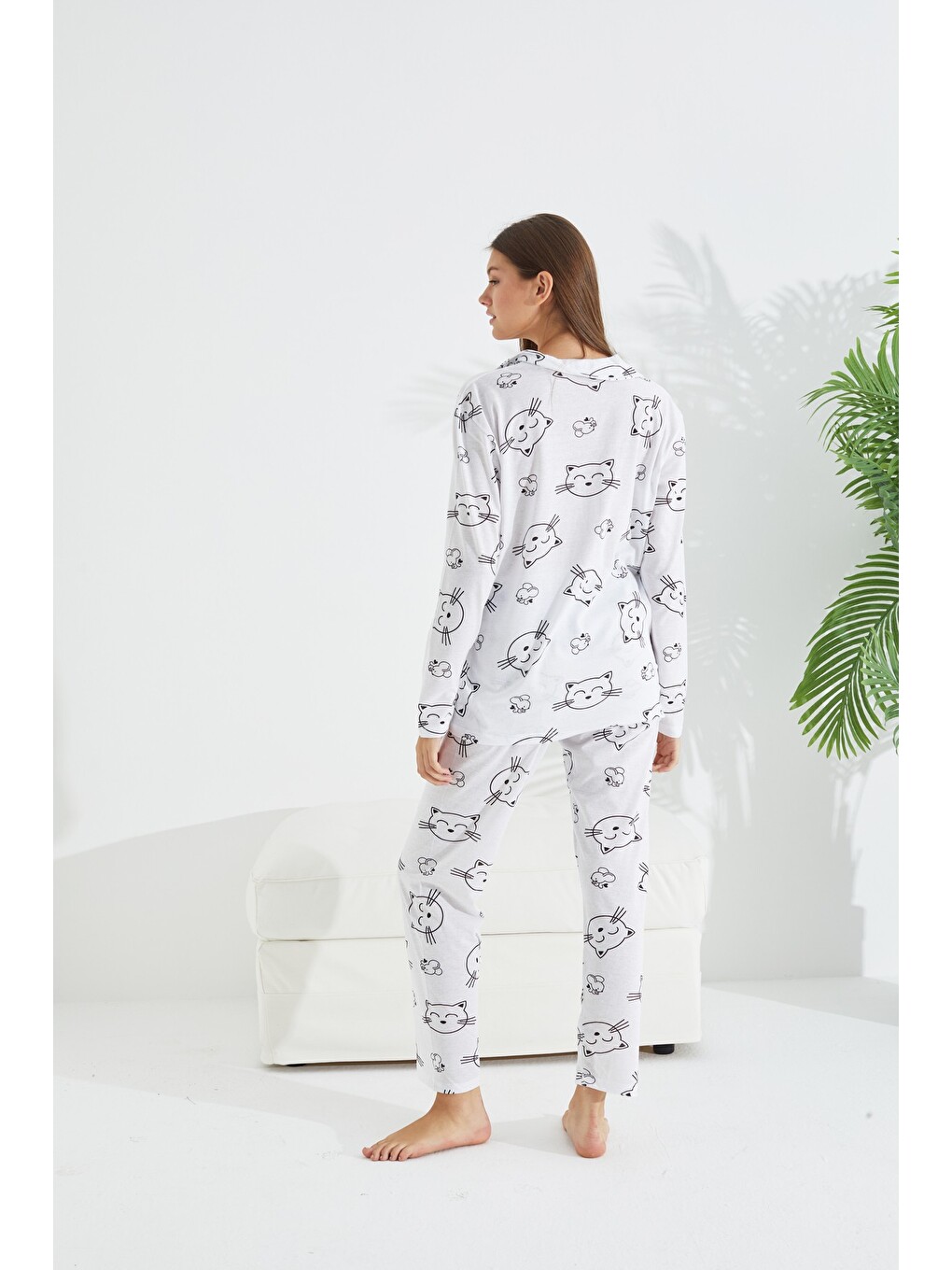 Karışık Pamuklu Düğmeli Pijama Takımı-4