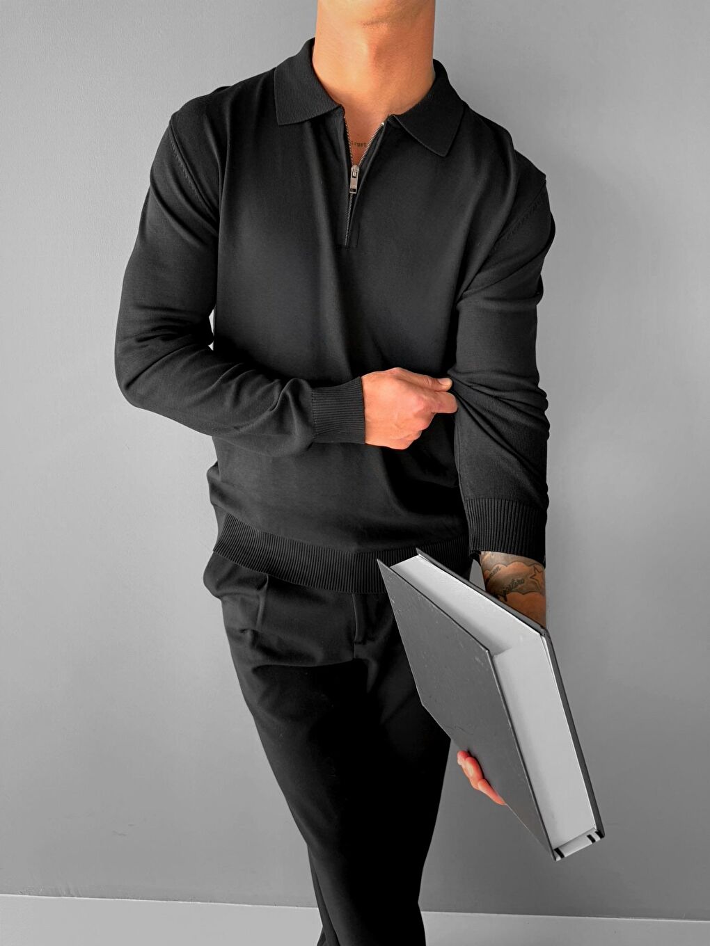 Erkek Yarım Fermuarlı Polo Yaka Triko Kazak Siyah-1