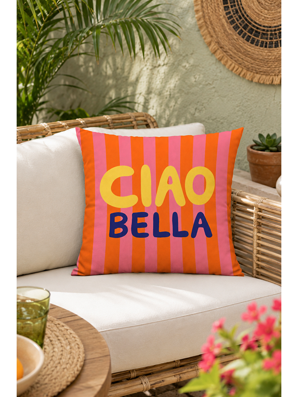 Fuşya Ciao Bella Çizgili Yazı Baskılı Dekoratif Kırlent Kılıfı Retro Yazlık Dekor 43x43 Cm-6