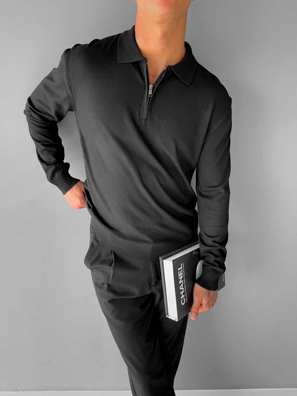 Erkek Yarım Fermuarlı Polo Yaka Triko Kazak Siyah-2