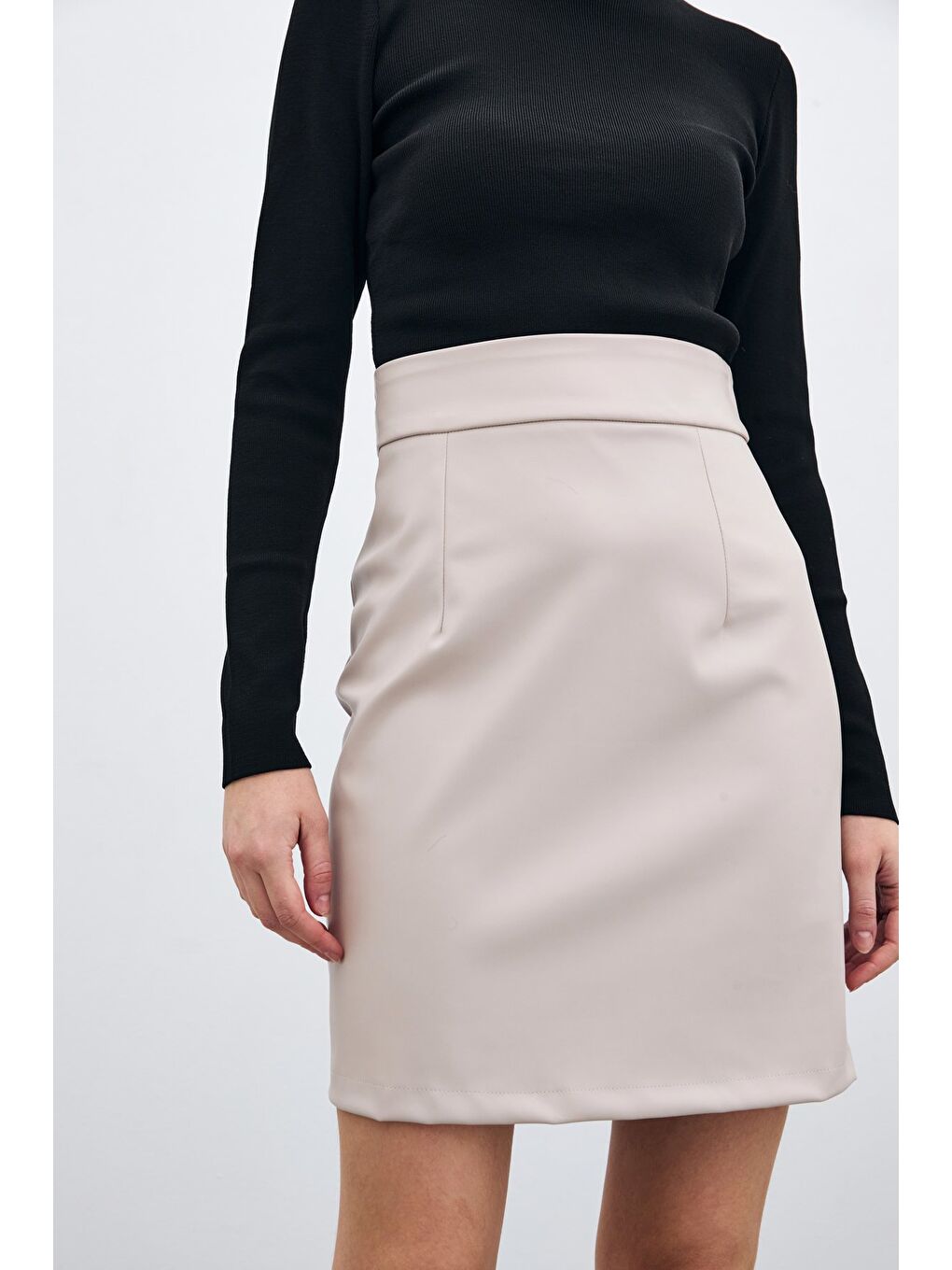 Bej Şardonlu Deri Etek - Taş-4