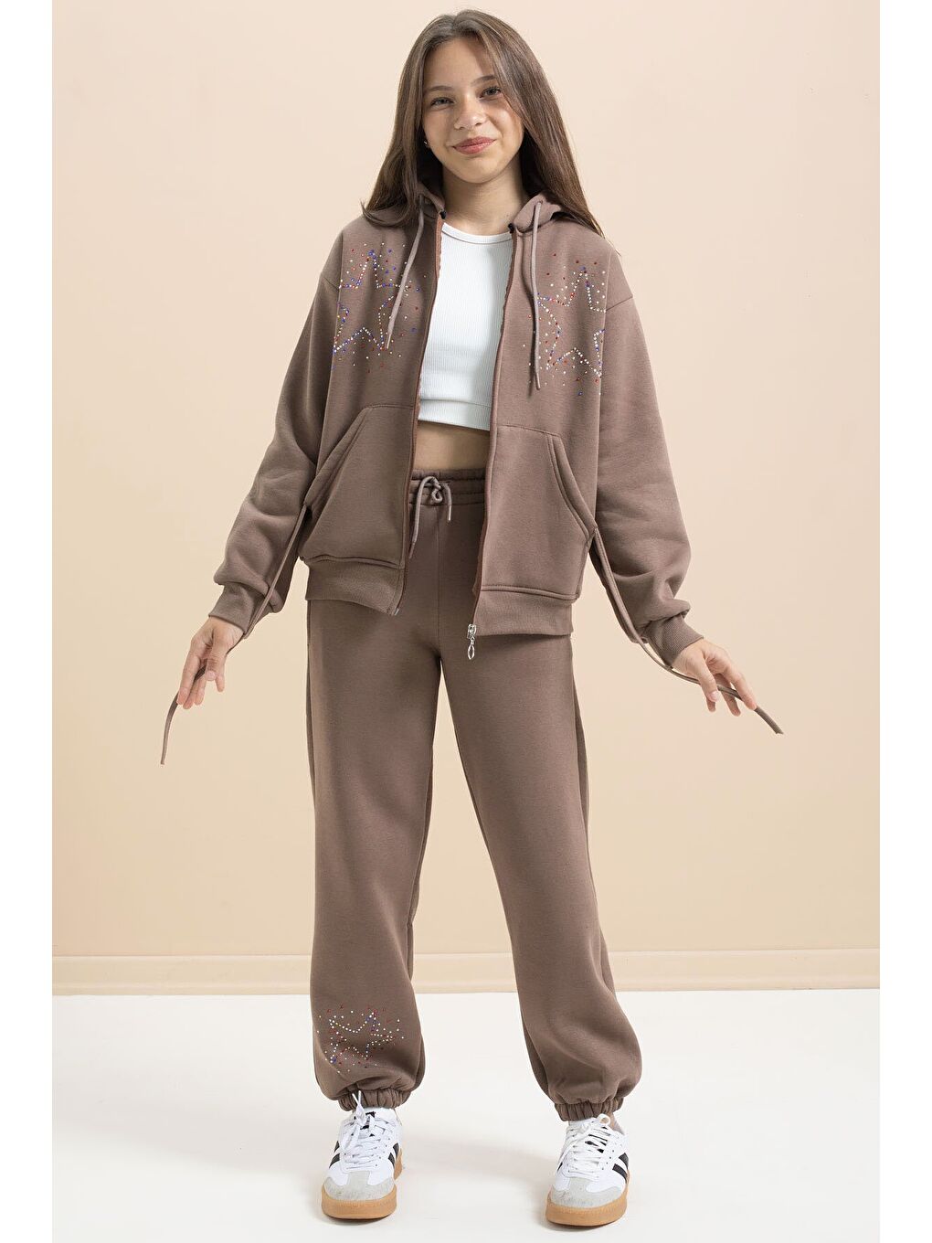 Kahverengi Kız Çocuk Şardonlu Boncuk İşlemeli 2li Takım 21416-3