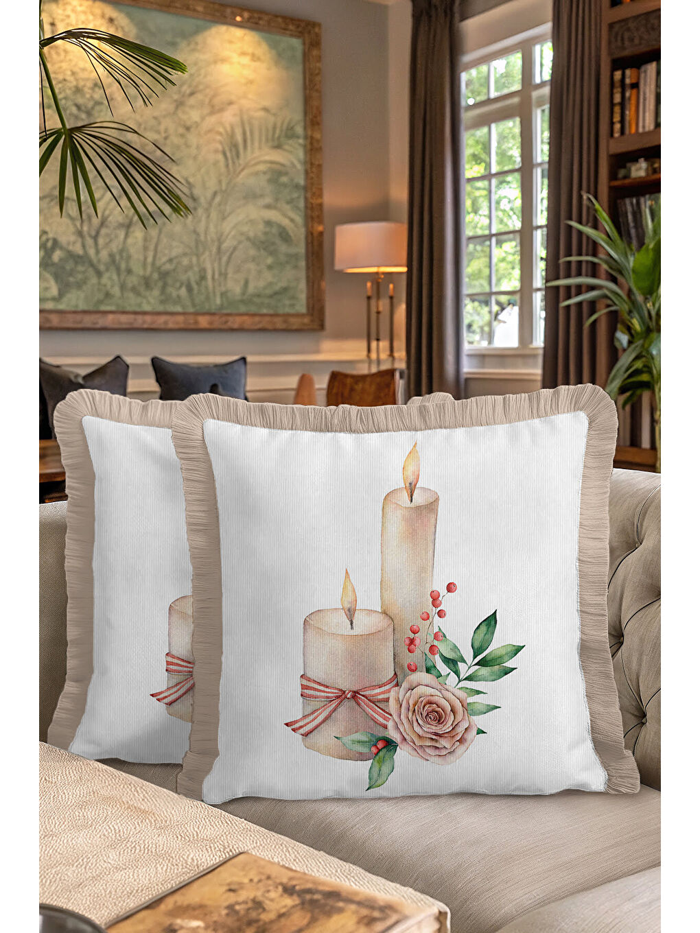 Karışık Romantik Mumlu Çiçekli Saçaklı Yastık Kılıfı - Pastel Rustik Krem Pembe Püsküllü Kırlent Kılıfı-7