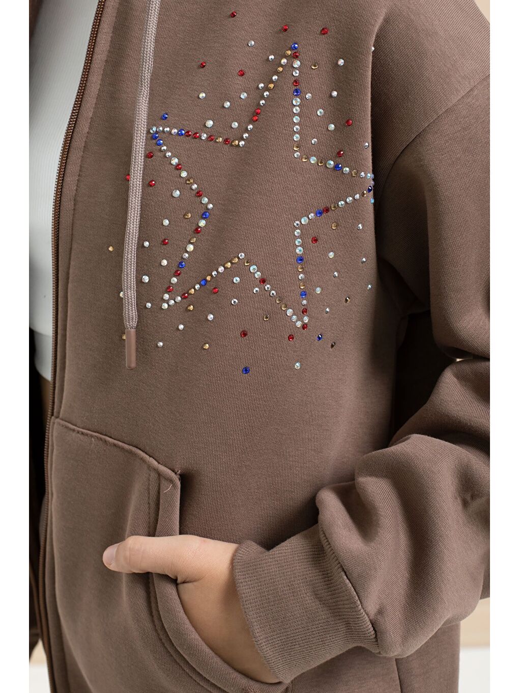 Kahverengi Kız Çocuk Şardonlu Boncuk İşlemeli 2li Takım 21416-2