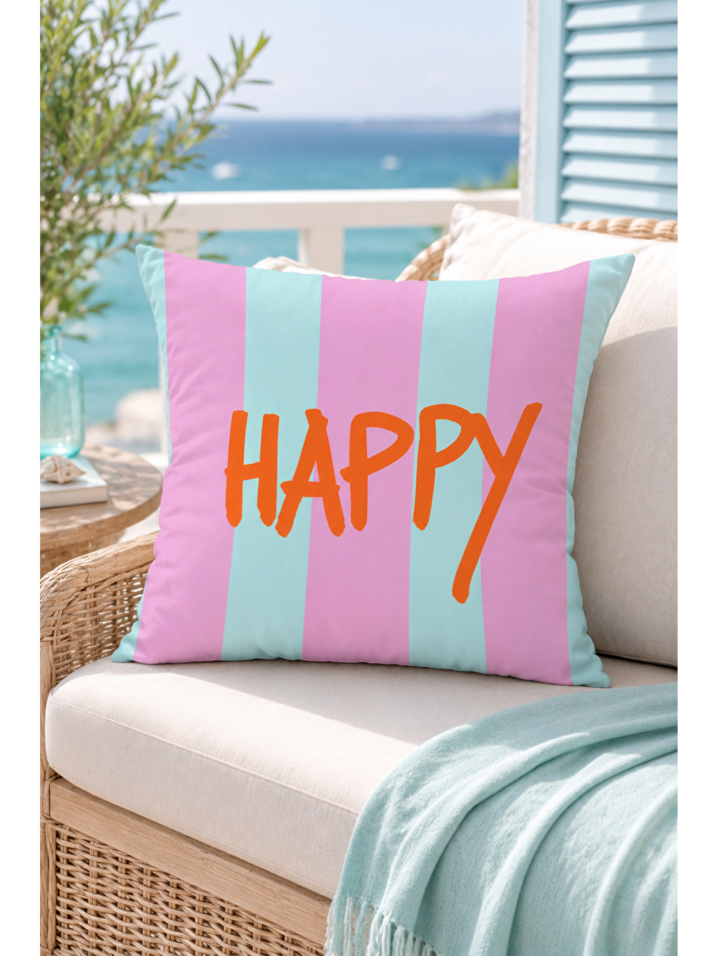 Beyaz Happy Pastel Çizgili Yazı Baskılı Dekoratif Kırlent Kılıfı Modern Dekor 43x43 Cm-6