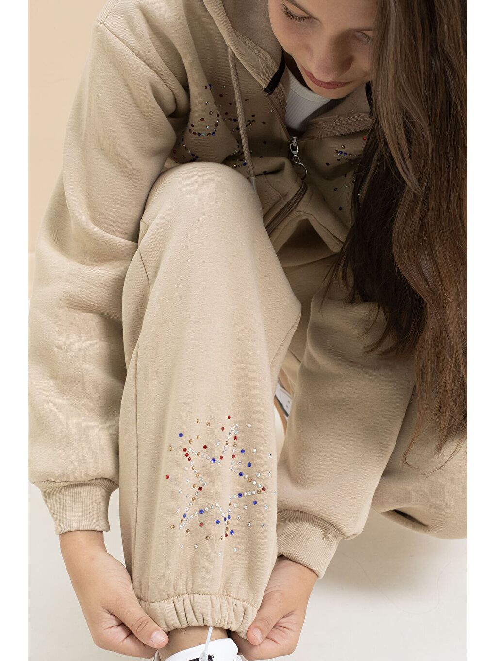 Bej Kız Çocuk Şardonlu Boncuk İşlemeli 2li Takım 21417-2