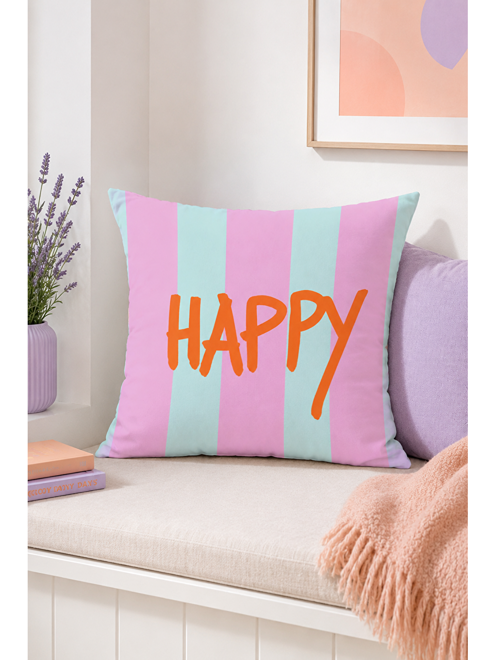 Beyaz Happy Pastel Çizgili Yazı Baskılı Dekoratif Kırlent Kılıfı Modern Dekor 43x43 Cm-7