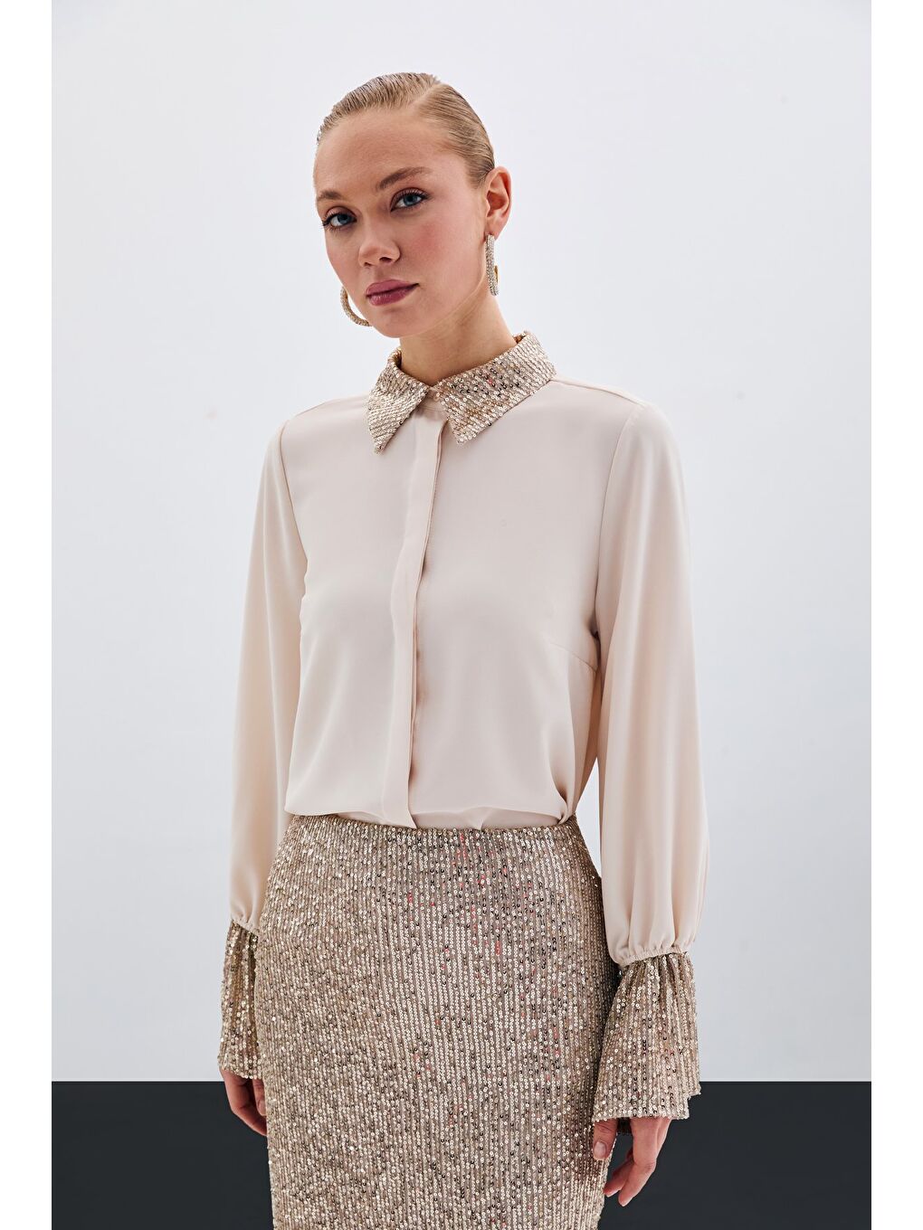 Payet Detaylı Gömlek - Bej-1