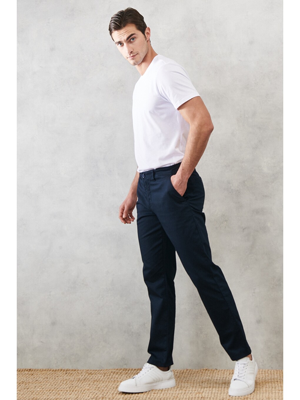 Erkek Lacivert Comfort Fit Rahat Kesim Chino Casual Pantolon-3