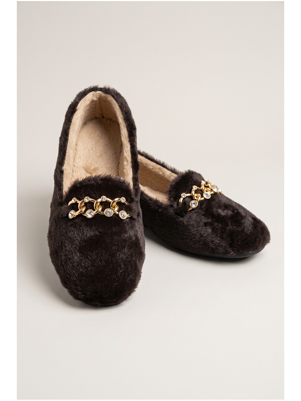 Kahverengi Yumuşak Pelüş Kadın Taşlı Ev Babeti Hafif Taban Panduf Ev Pandufu