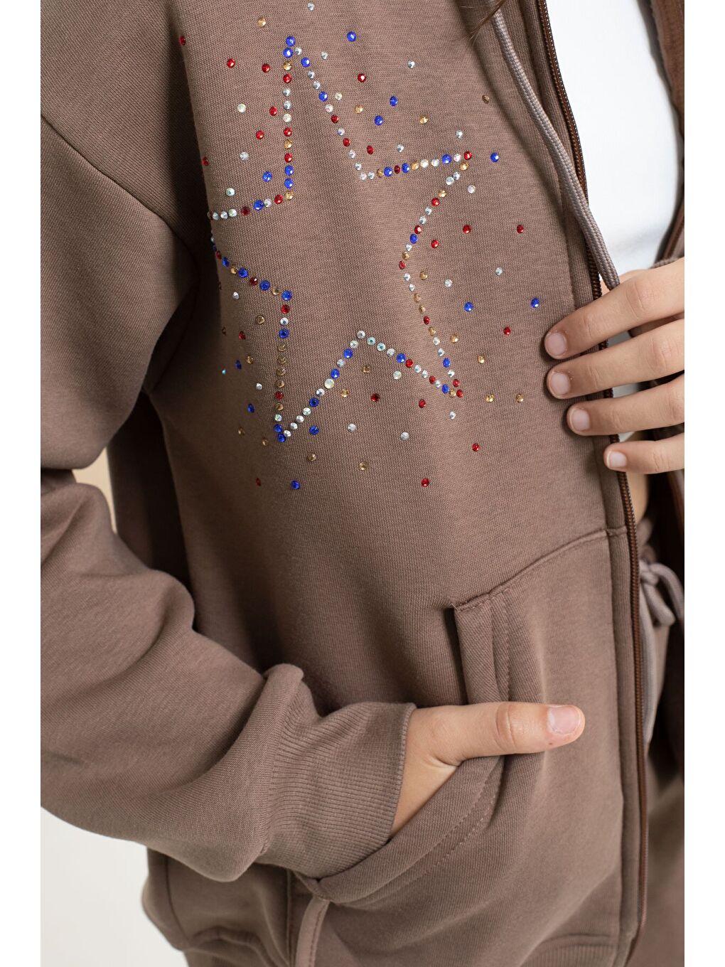 Kahverengi Kız Çocuk Şardonlu Boncuk İşlemeli 2li Takım 21416-4