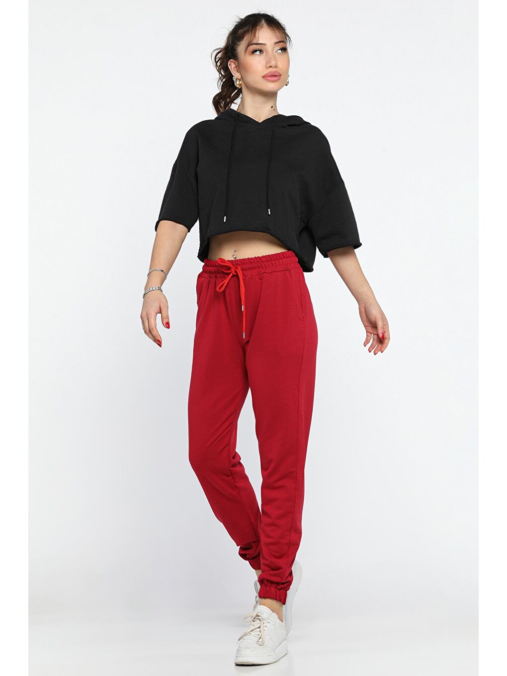 Bordo Kadın Paça Lastikli Eşofman Altı-1